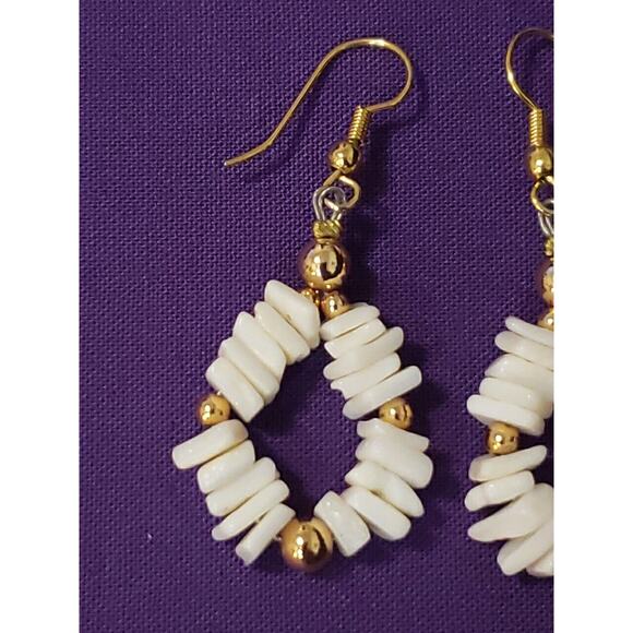 Shell Chip Dangle Hoop Earrings, Bright White Polished Smooth, Gold Tone Accents - Picture 2 of 9